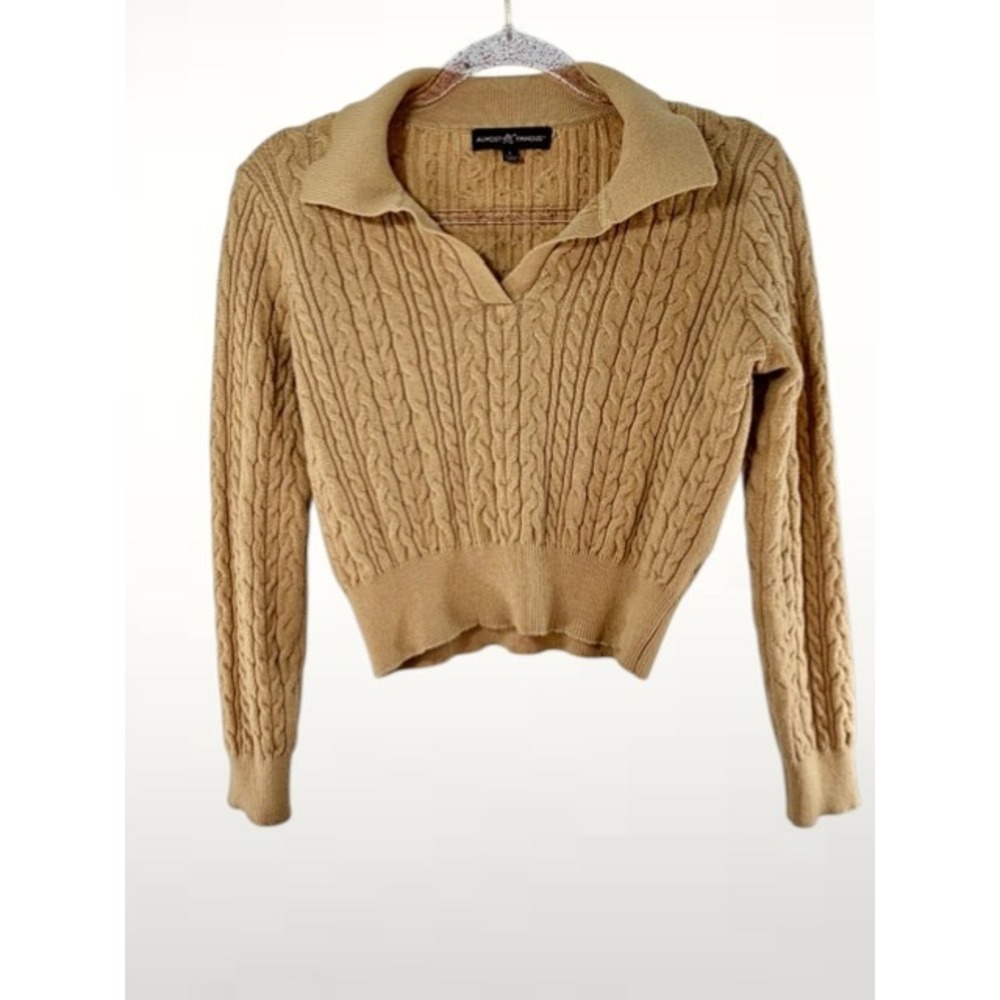 Almost Famous Women's L Tan Cable‎ Knit Cropped Polo Sweater Preppy Academia Y2K